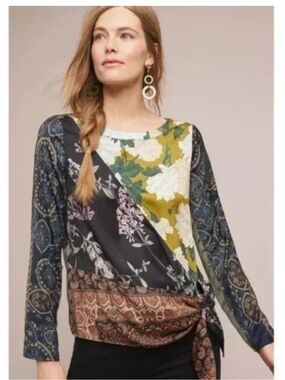 Anthropologie TINY Patchwork Blooms Tie Waist Blouse